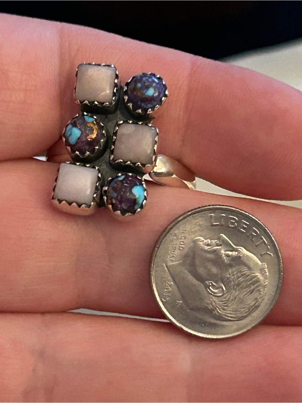 Sterling Silver Adjustable Pink Opal and Purple Mojave Ring - Picture 7 of 7